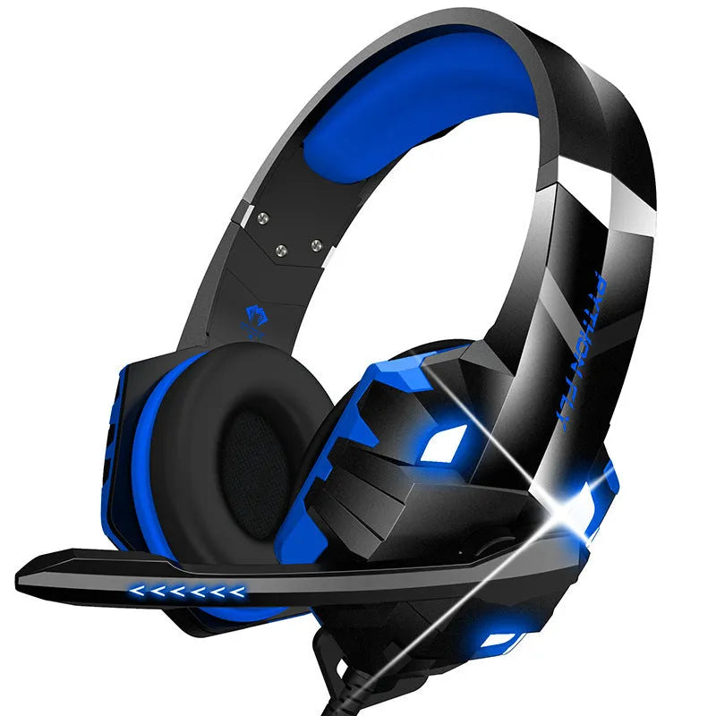 Wired gaming headset with microphone and breathing LED lights in blue colour