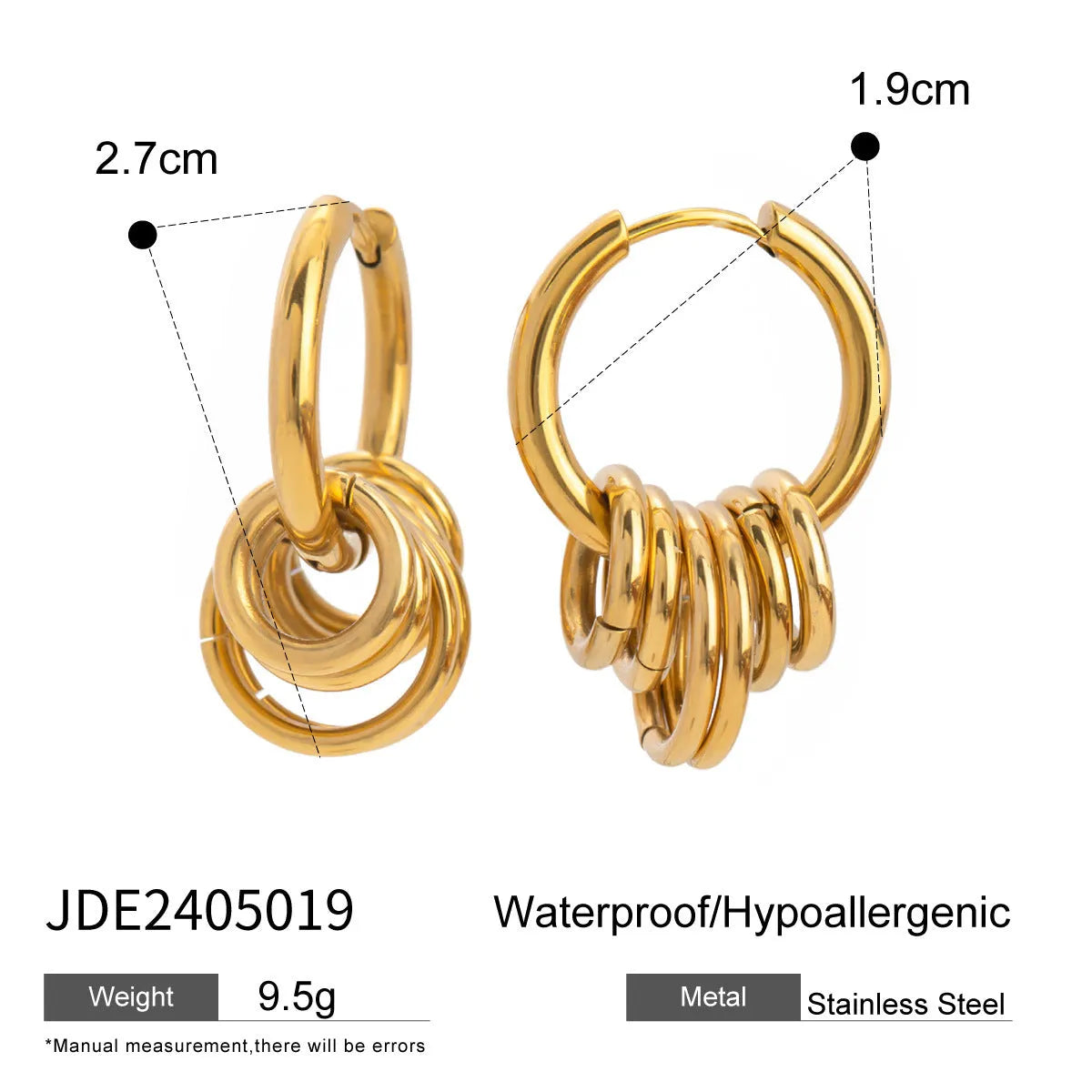 Gold tone stainless steel earrings with electroplated finish in unisex ins style design