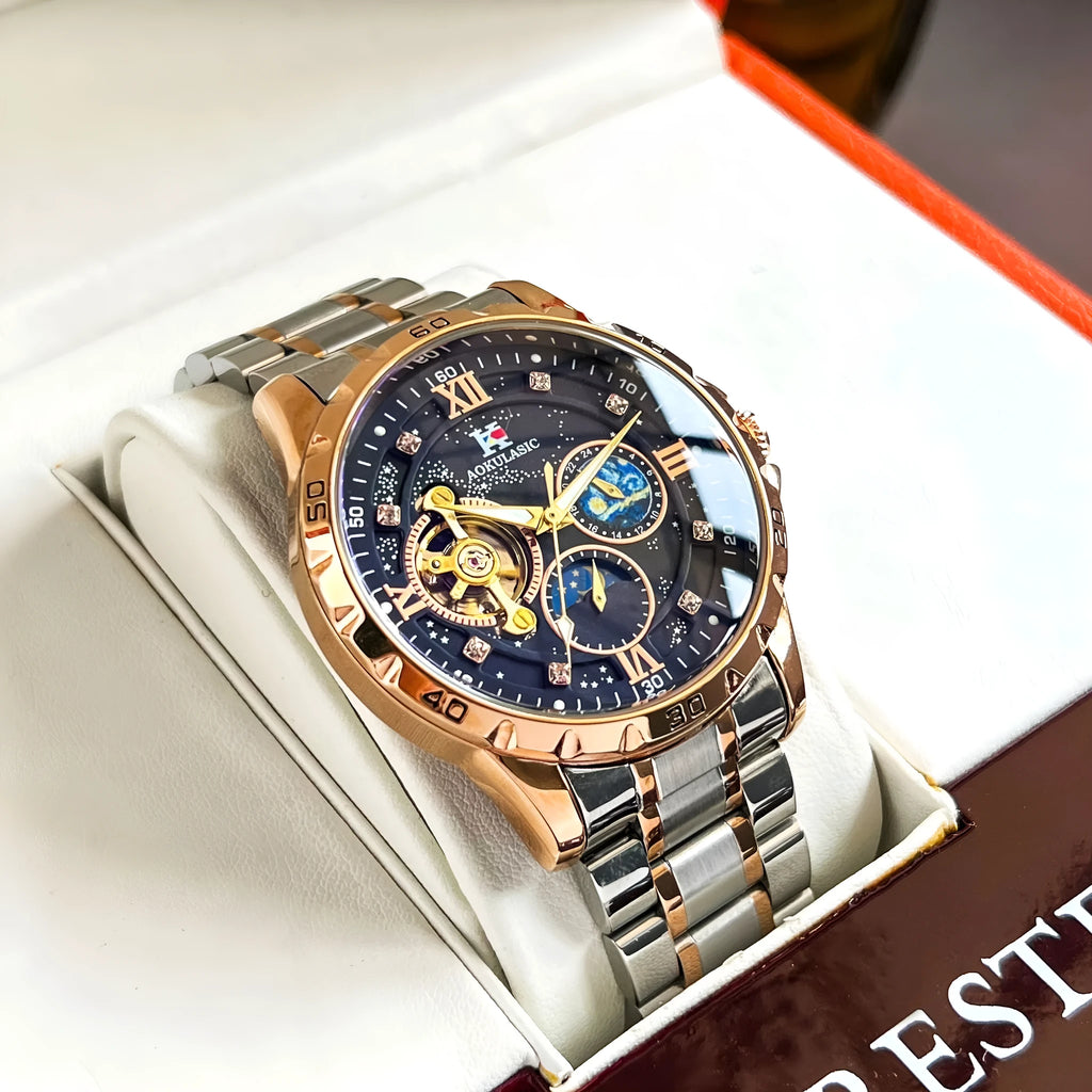 Men's rose gold automatic mechanical chronograph watch with black dial