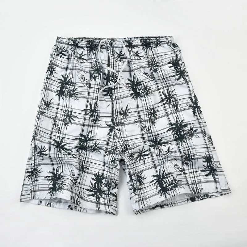 Men's floral print five-point swimming trunks in polyester, showing one of 24 available colour patterns.