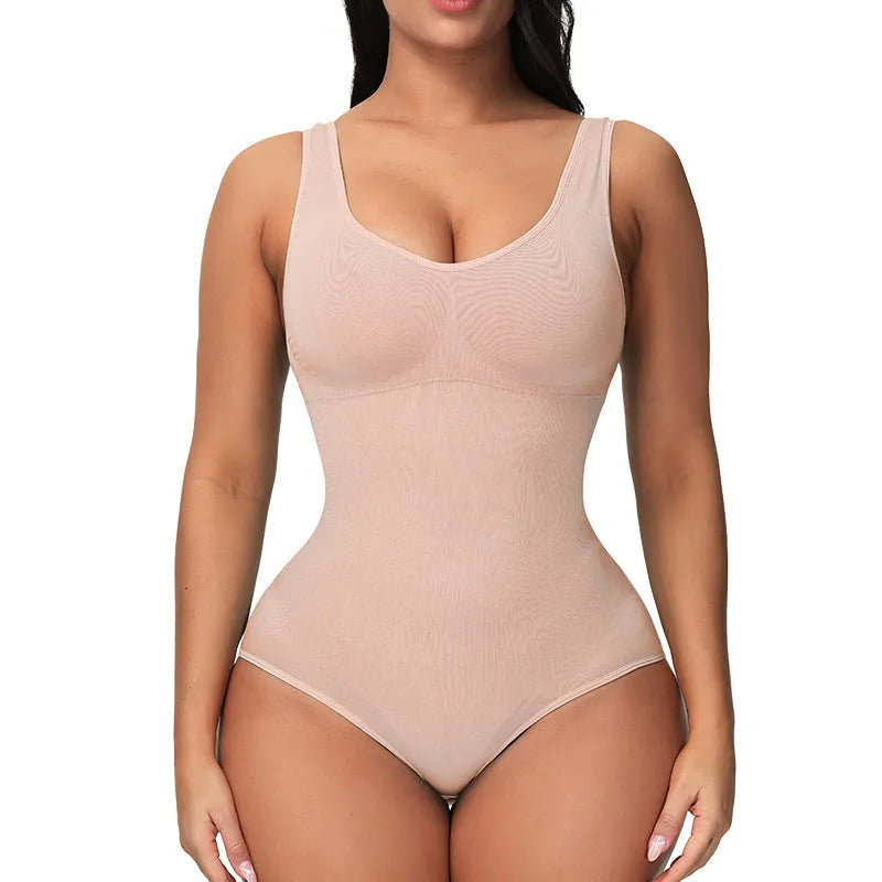 Seamless one-piece bodysuit for waist support and body sculpting in nylon fabric
