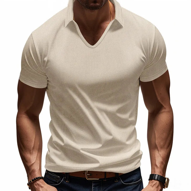 Men's loose fit V-neck t-shirt in cotton blend fabric showing short sleeves and solid colour design
