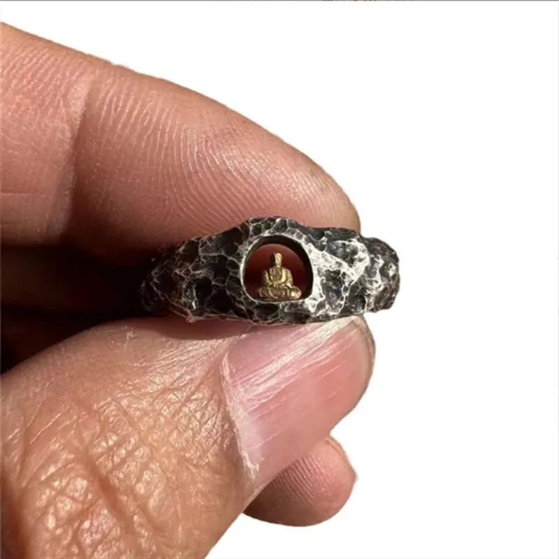 Hand-forged copper grotto Buddha ring with rock texture surfaces, size 8 measurement