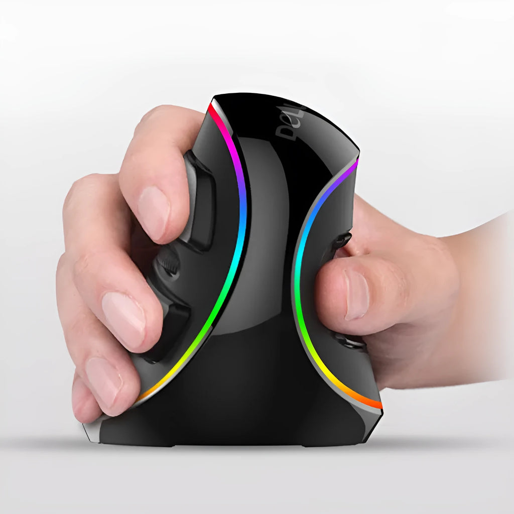 Black vertical ergonomic computer mouse with RGB lighting effects, shown with a USB cable.