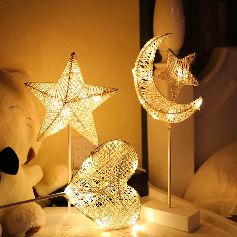 Rattan LED fairy lights with star, heart and moon designs for battery-powered room decoration