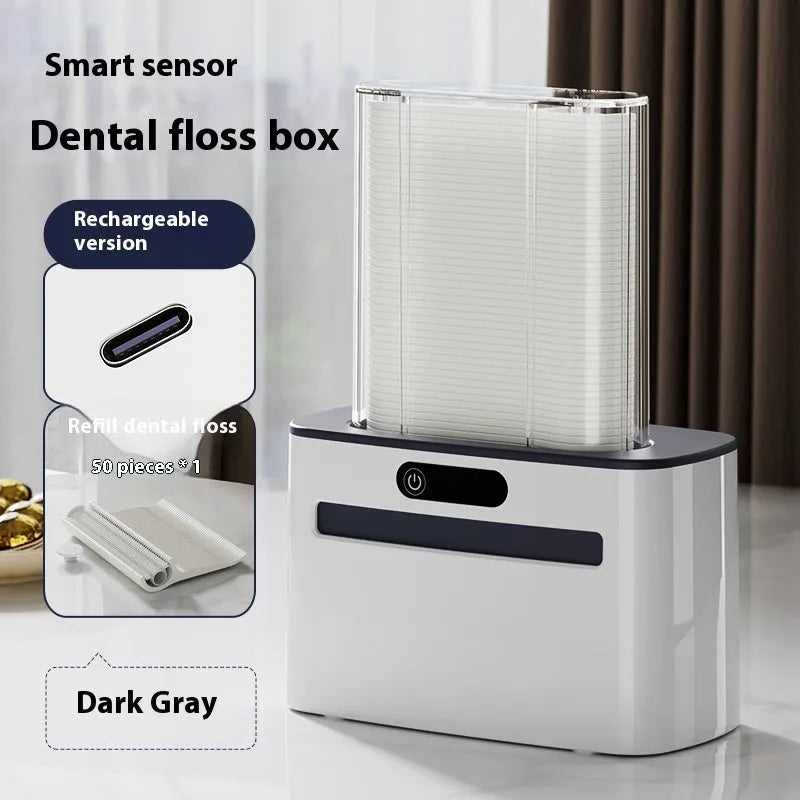 Electric dental floss box in dark grey, light grey or gold with automatic pop-up mechanism
