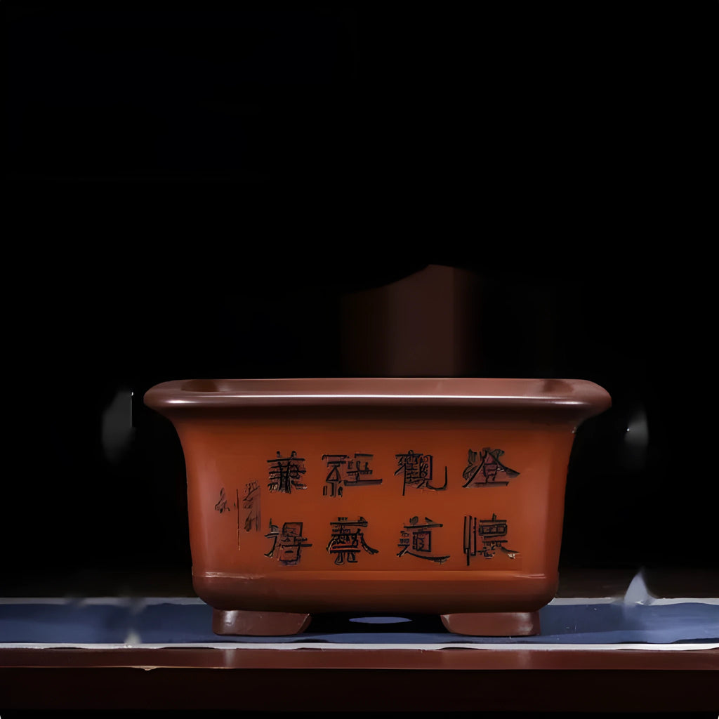 Large Chinese-style purple clay flower pot for indoor bonsai and plants.