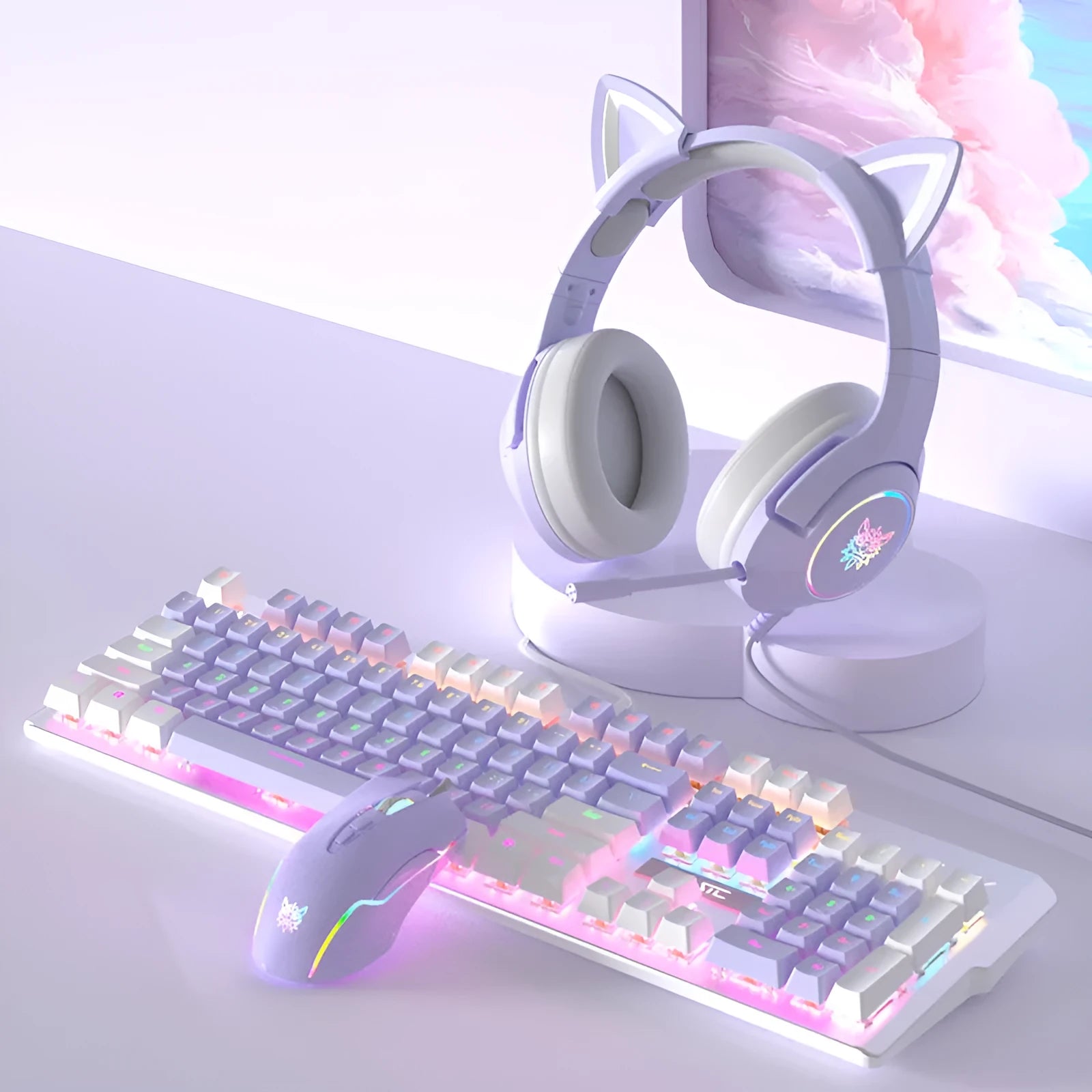 Purple and white mechanical keyboard, gaming mouse, and headset combo set with backlight on desk