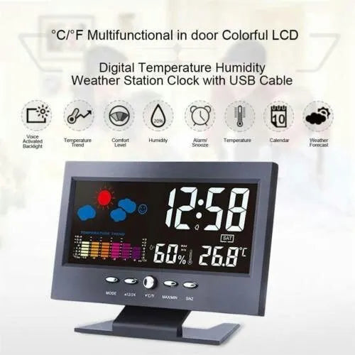 Multi-function large screen perpetual calendar clock with time, date, temperature, world time, alarm, and voice-activated backlight in Black