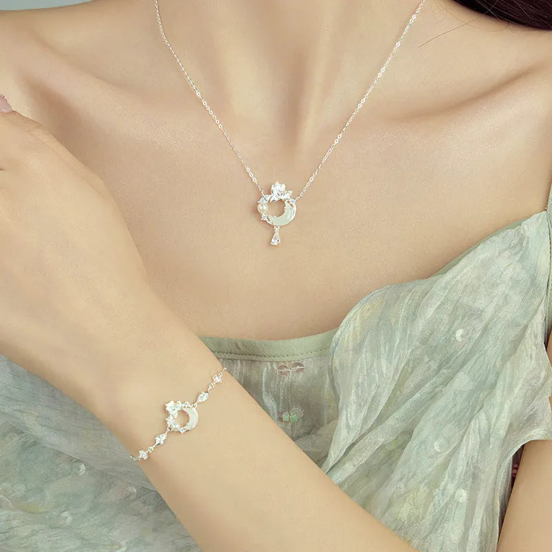 925 silver lotus moon pendant necklace with flower shape and adjustable O-ring chain on woman