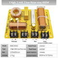 Three-way audio crossover board with 400W rating, solderless terminals, and through-hole mounting points