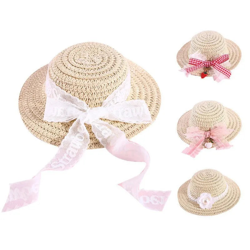 Handmade adjustable paper pet hat with a bowknot for a dog or cat, shown in a cartoon style.