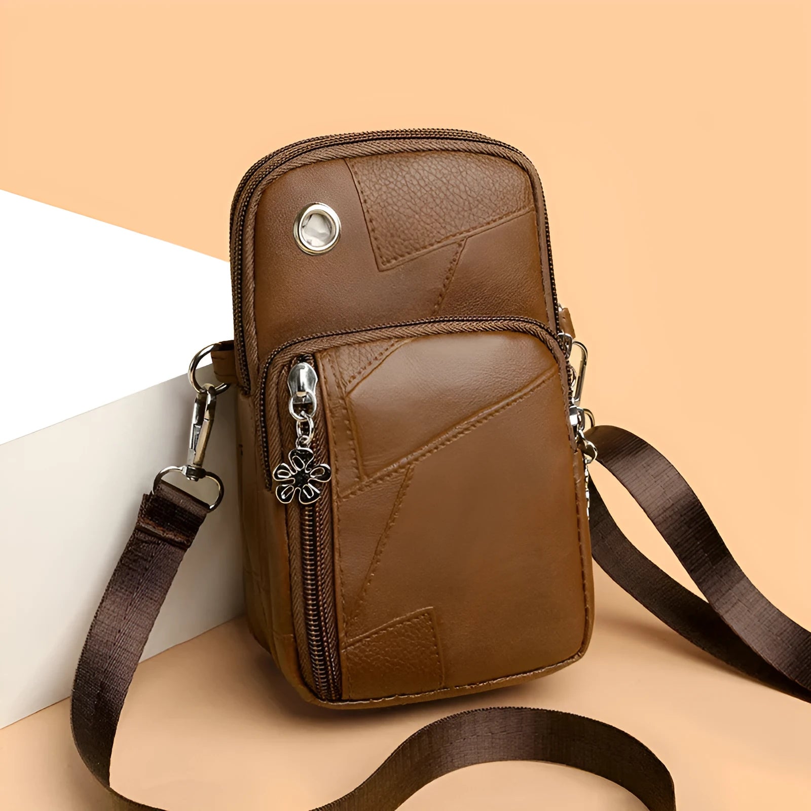 Mini vertical square PU phone bag with sandwich pocket in brown, front view