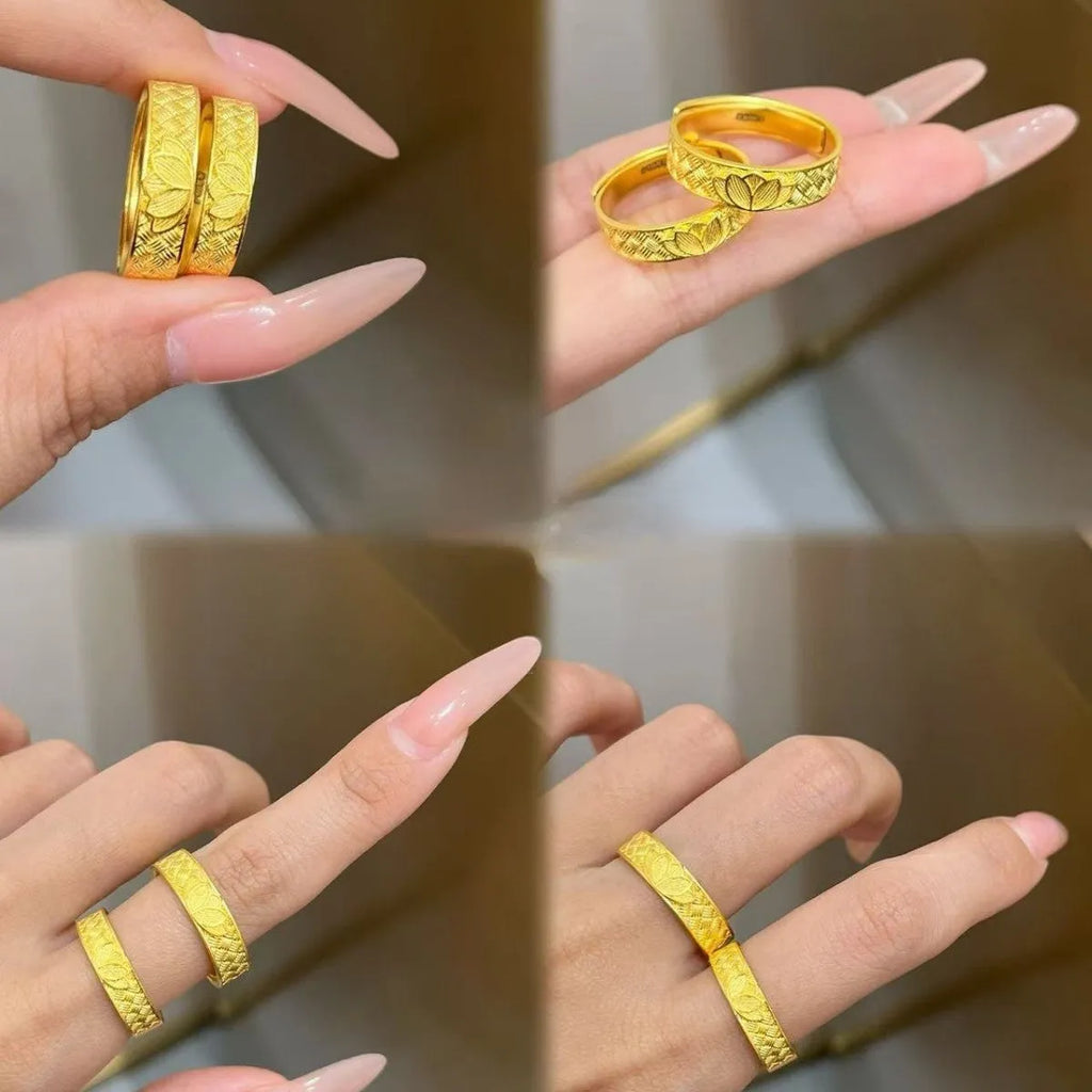 Brass Chinese lotus Double Double Happy couple ring with adjustable opening in ancient couple style for men and women