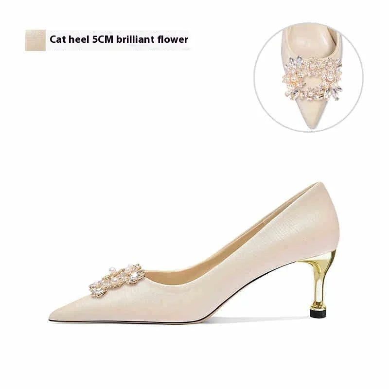 Crystal-embellished bridal high heels with pointed toe, available in stiletto or cat heel styles.