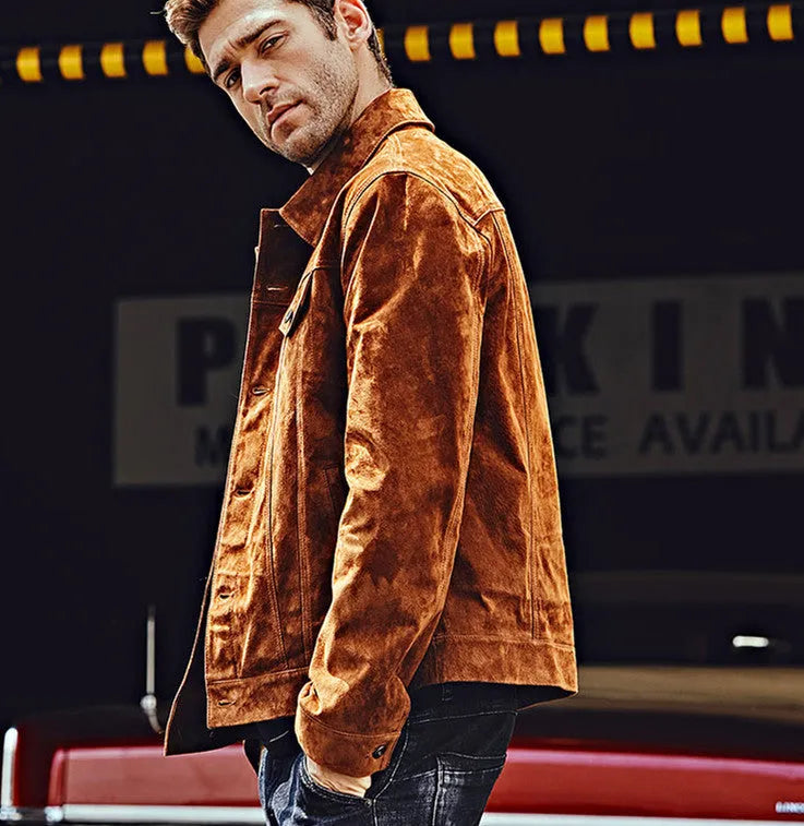 Men's brown pig skin leather biker jacket with zip front and pockets, American casual style