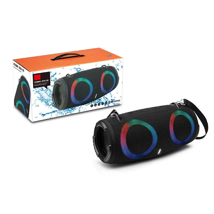Portable Bluetooth speaker with colourful RGB lights in a choice of five colours including camouflage.
