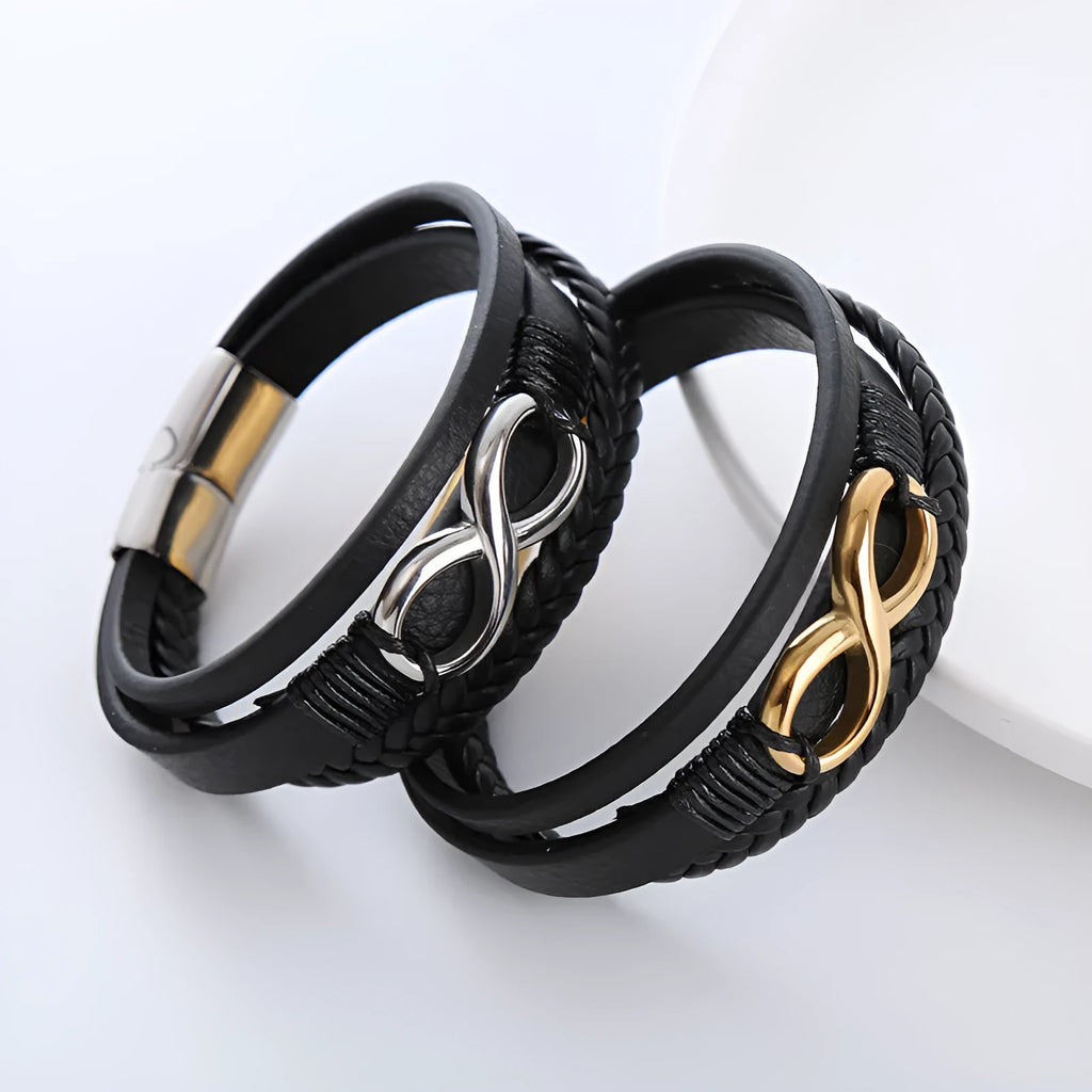 Men's retro pu leather twist weave infinite symbol bracelet in steel colour with electroplated finish