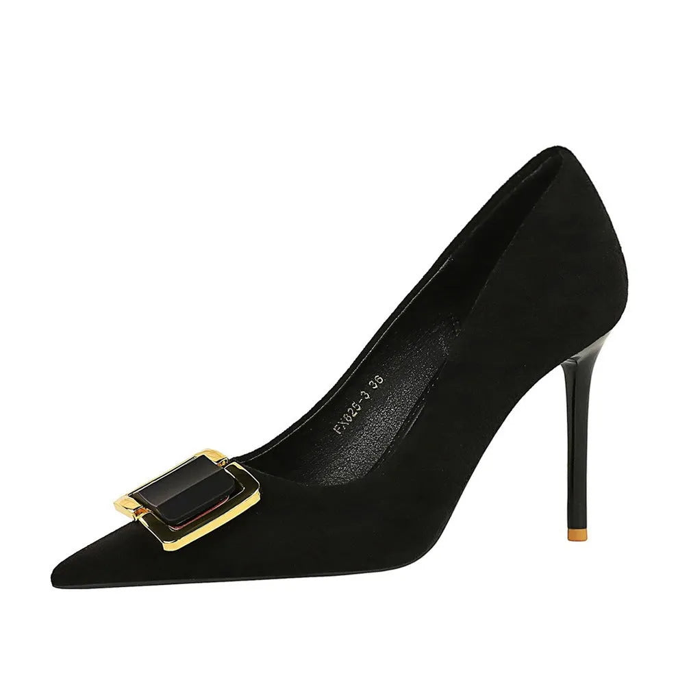 Black suede women's high heels with 9cm stiletto heel and pointed toe design on rubber sole