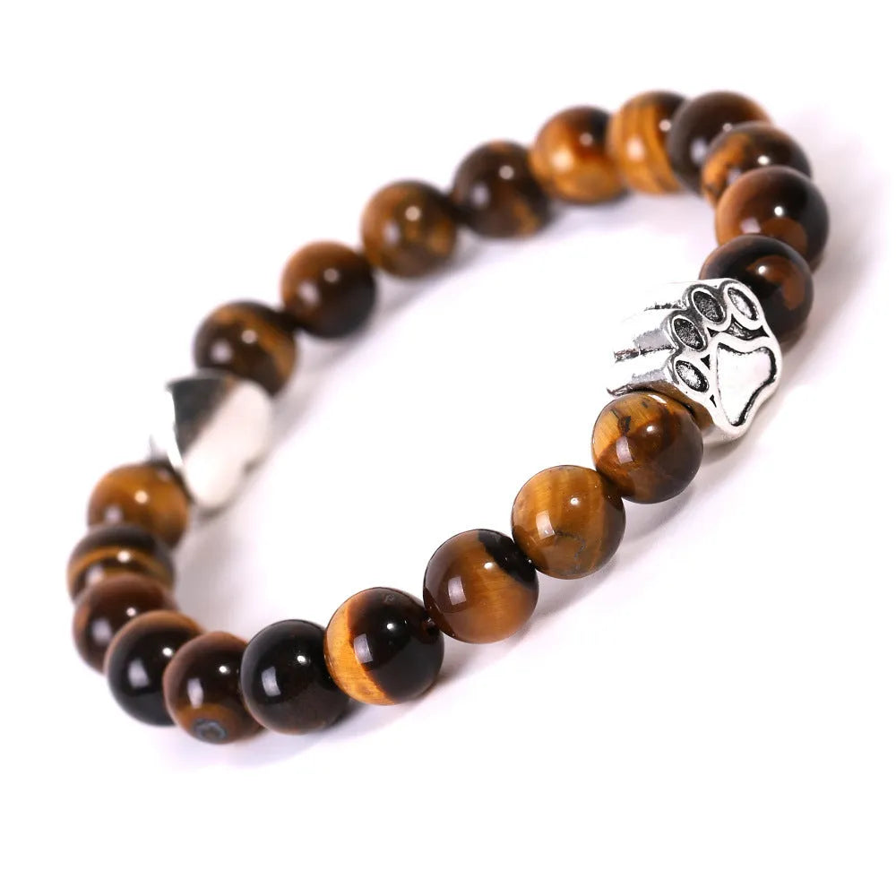 Tigereye Indian agate stone bracelet with dog paw and love heart charms on geometric beaded design
