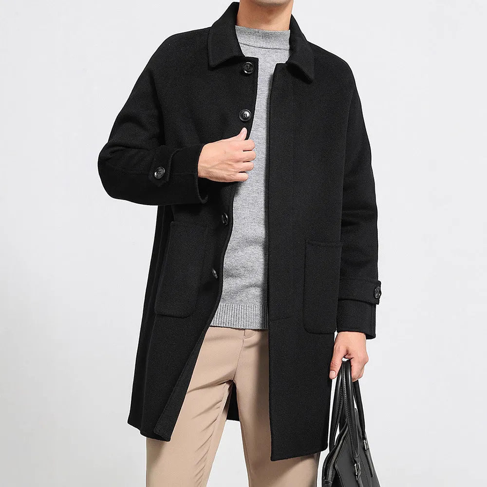 Men's wool reversible mid-length single-breasted baggy coat in black with wool lining