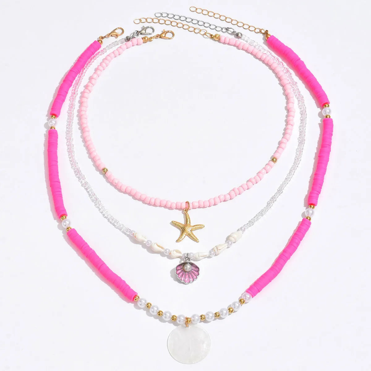 Polymer clay beaded necklace with multi-layer twin clavicle chain and geometric alloy pendant on female model