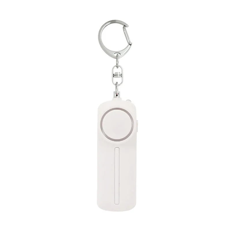 Compact pink personal safety alarm with keyring, showing dimensions and LED light.