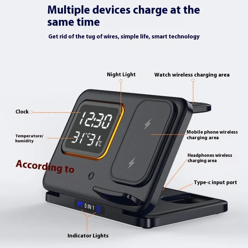 Black wireless charging station showing phone and watch charging with LED display showing time and temperature