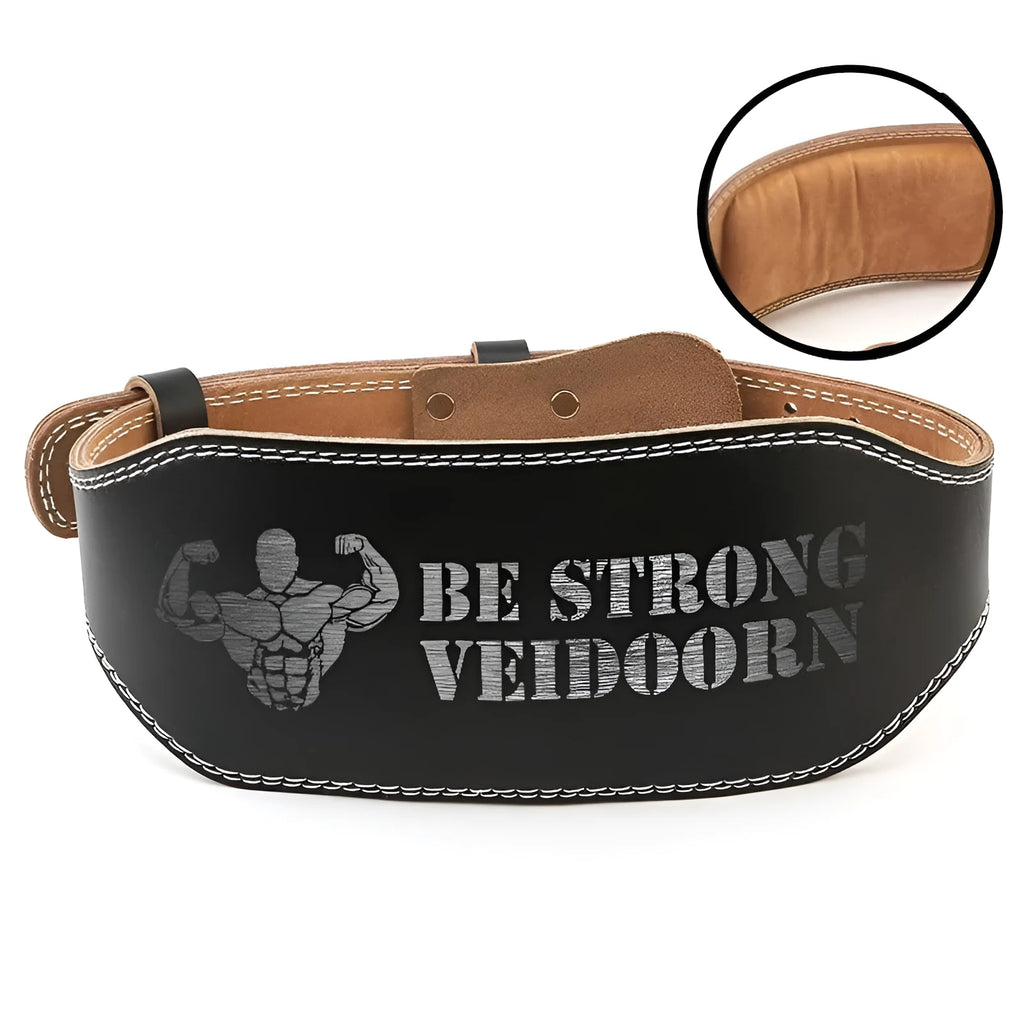 Black narrow PU leather weightlifting belt with punching hole adjustments on a white background