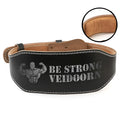 Black narrow PU leather weightlifting belt with punching hole adjustments on a white background
