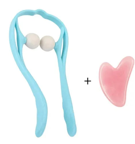 Blue plastic swan-shaped neck massager with hand roller and adjustable stand on a white background