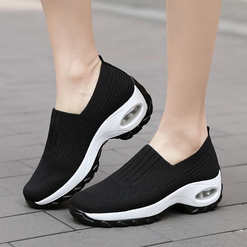 Breathable mesh slip-on sports shoes for women with air cushion sole, round toe, thick bottom, available in light gray