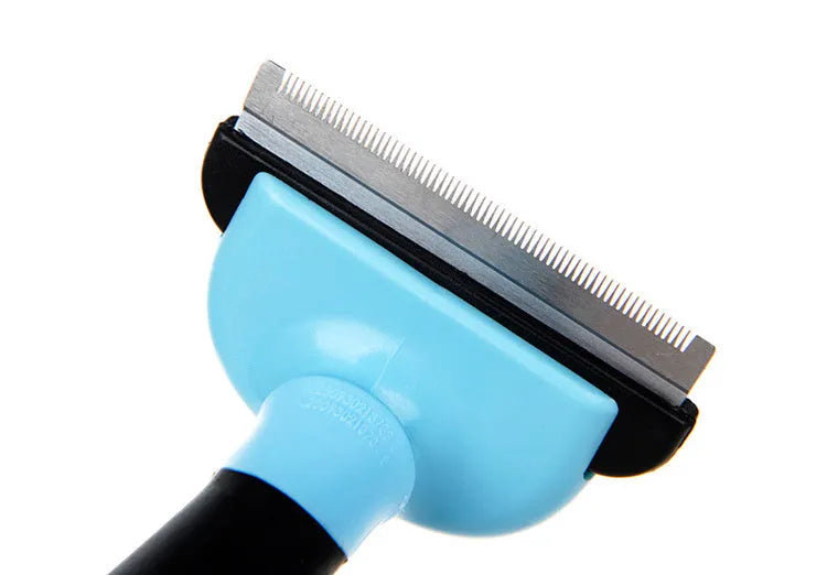 Pet hair removal comb for long straight hair pets in three sizes S M L and blue or pink colour options
