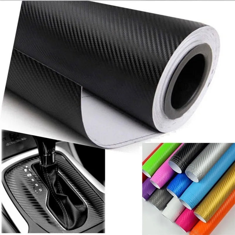 Roll of 3D carbon fibre car stickers showing textured pattern in multiple colour options