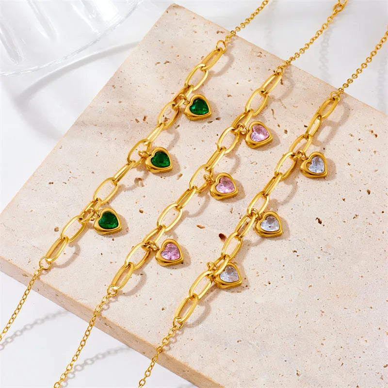 Gold plated love pendant titanium steel chain bracelet for women - B1127 Green, B1128 Pink, B1129 White