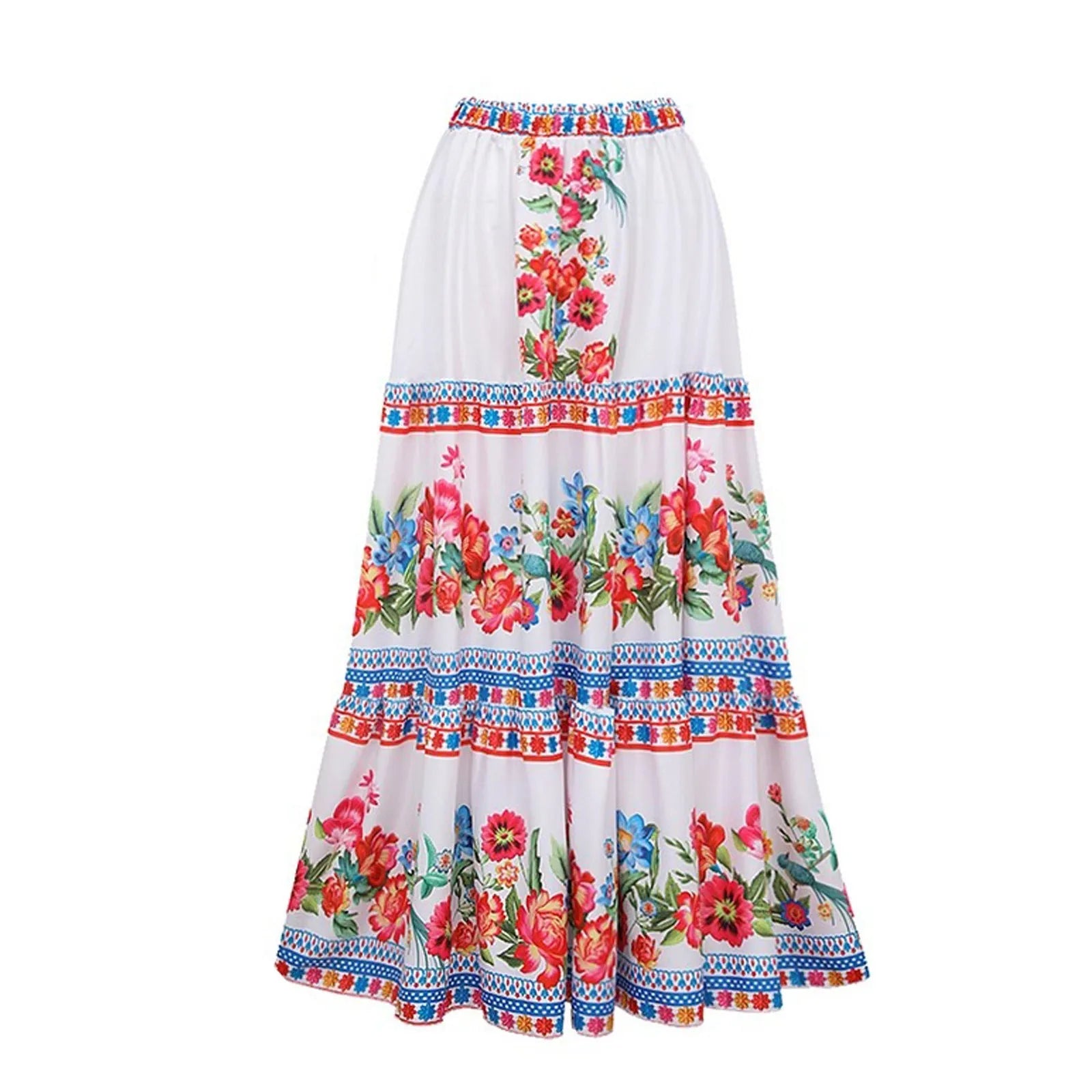 Adult woman modelling a printed one-piece swimsuit with a skirt detail in a blue colour.