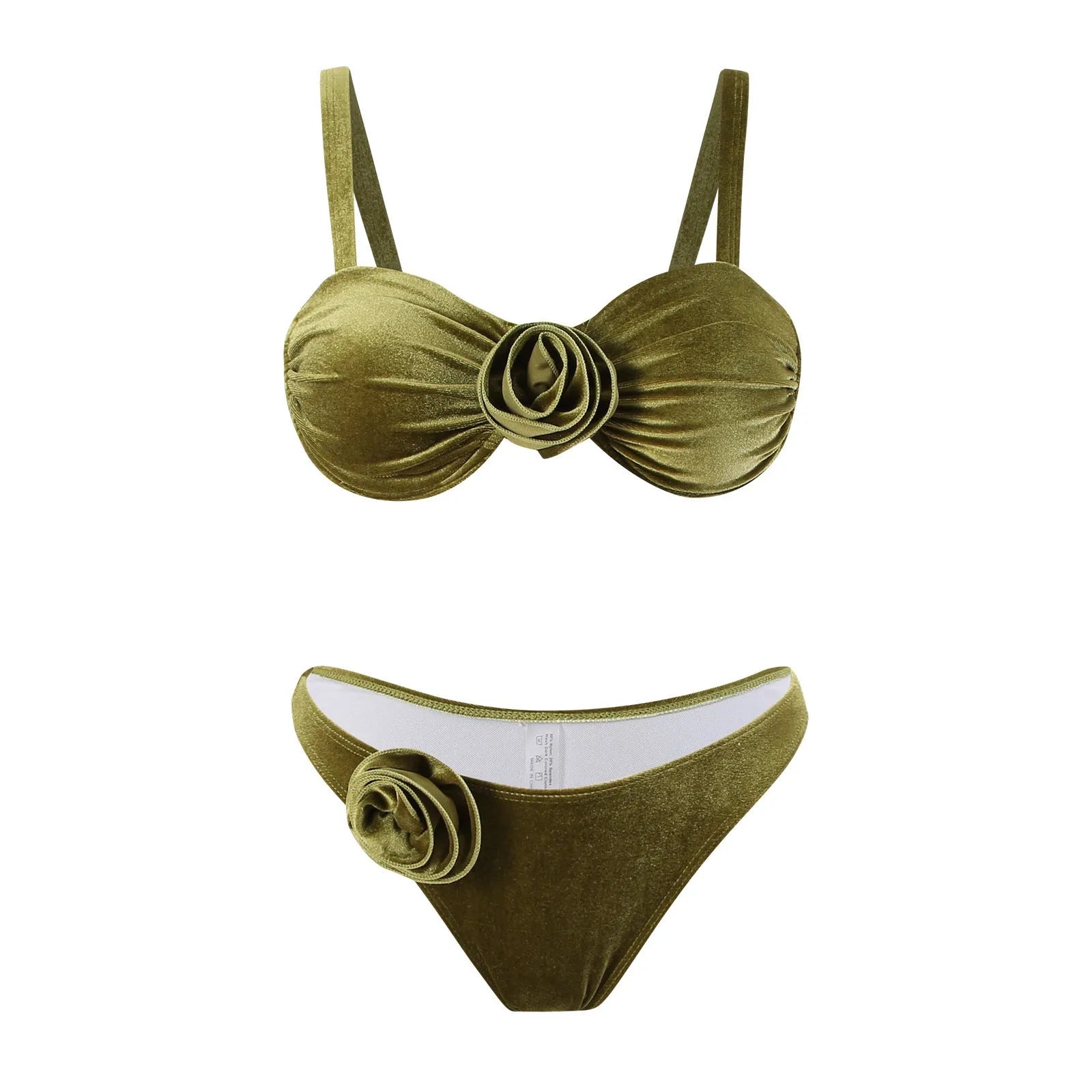 Women's 3D floral swimsuit briefs in green with matching bra, laid flat.