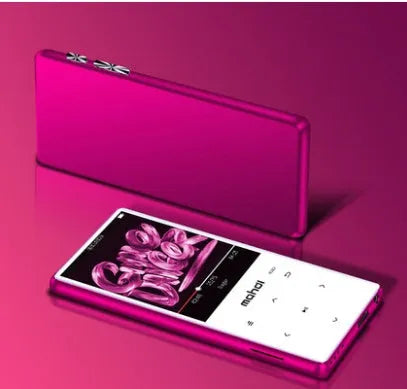 Black portable MP3 MP4 player with 2.4-inch touch screen showing music interface, placed on a desk.