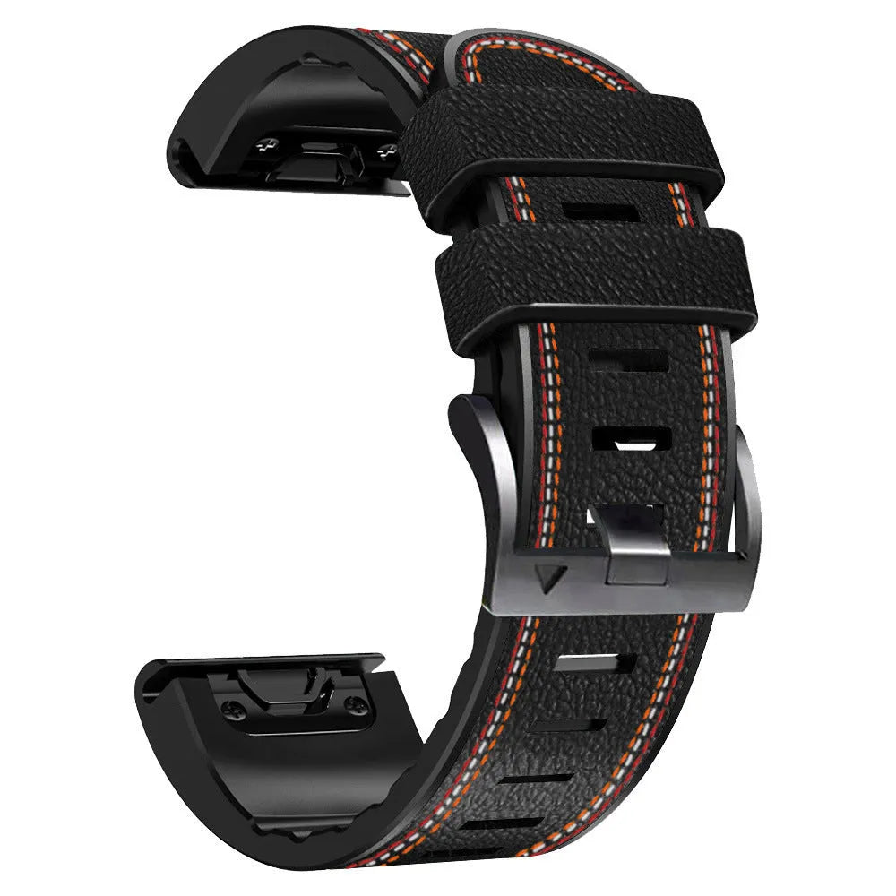Quick release silicone leather watchband for Garmin Fenix watches in black, shown detached.