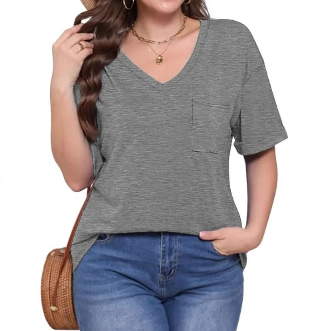 Grey loose V-neck T-shirt with front pocket, short sleeves, casual styling