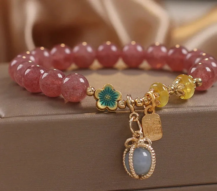 Red strawberry quartz beaded bracelet with alloy components and rhinestone accents for women