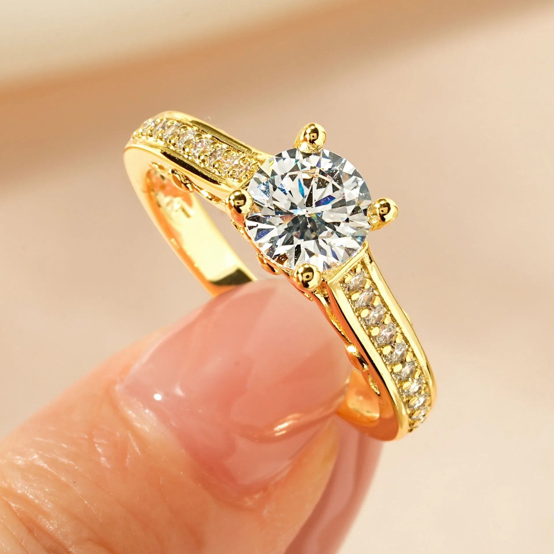 Women's luxury zircon ring with copper electroplating in heart, split arm, and star diamond designs