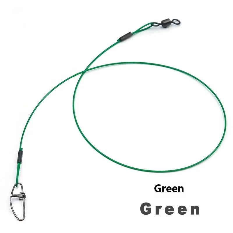 Ten green anti-bite steel wire fishing leaders with double buckle pins, each 54cm long, laid out straight.