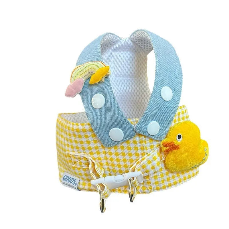Three-piece cat clothes set showing harness, leash with wire rope, and cute hat for outdoor walks