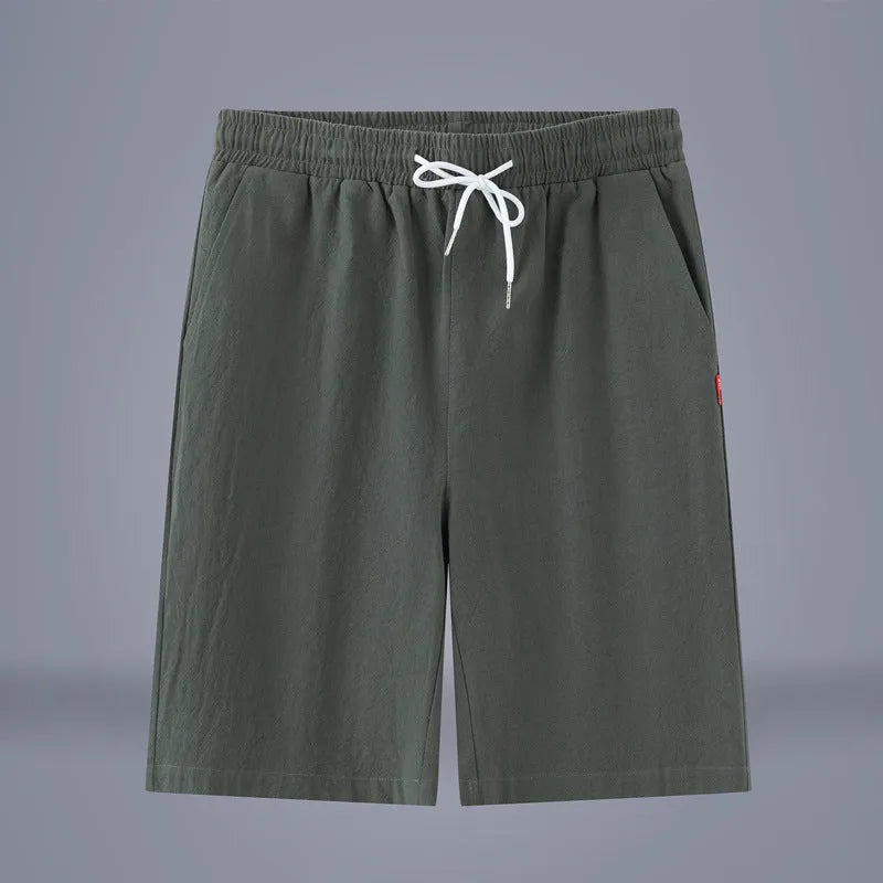 Chinese style solid colour cropped pants in cotton linen fabric on a neutral background.