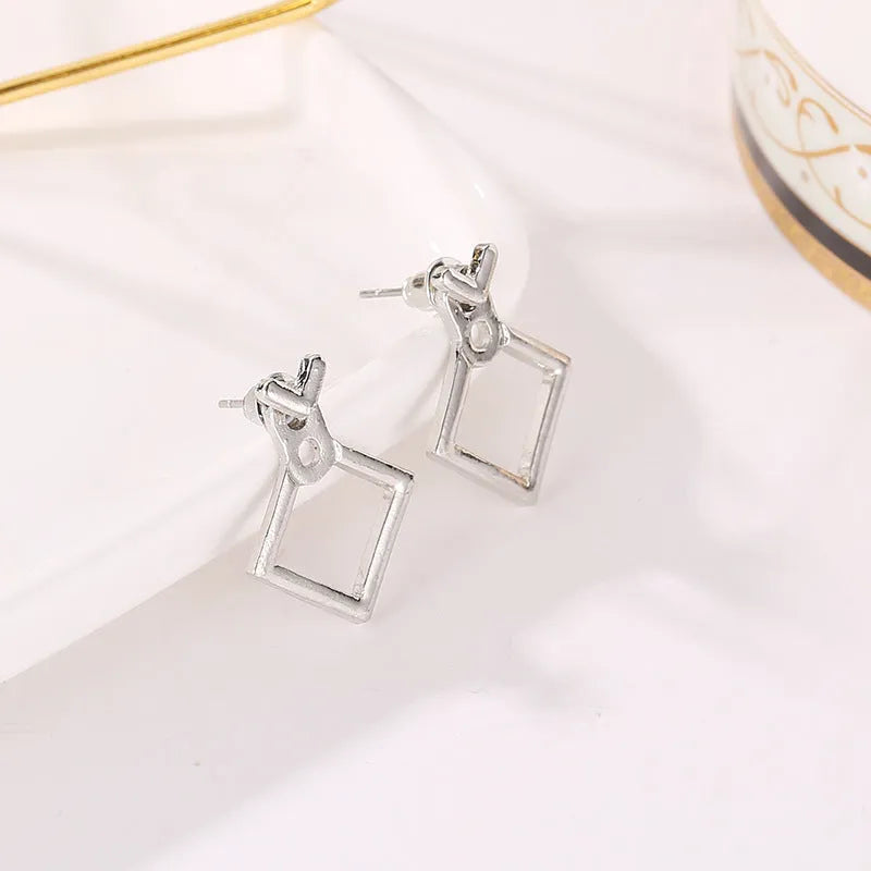 Hollow diamond square alloy stud earrings for women, geometric shape, multiple colour options