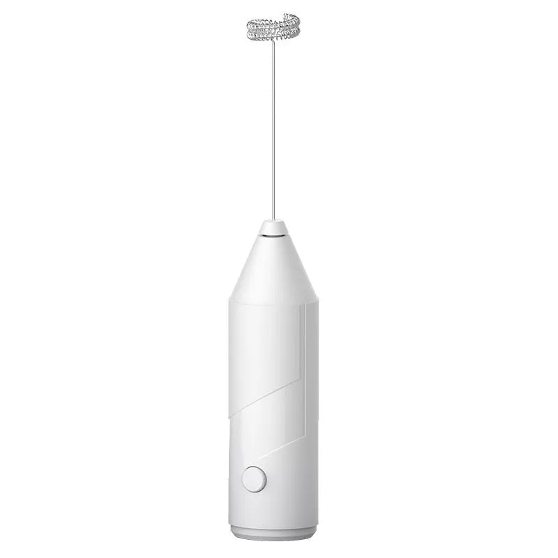 Mini handheld electric milk frother in black, white, or khaki colours with USB charging port