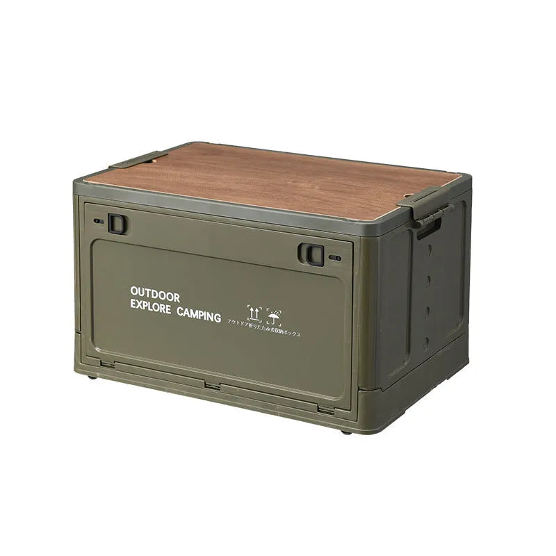 Large green foldable plastic storage box with a wooden lid on a white background.