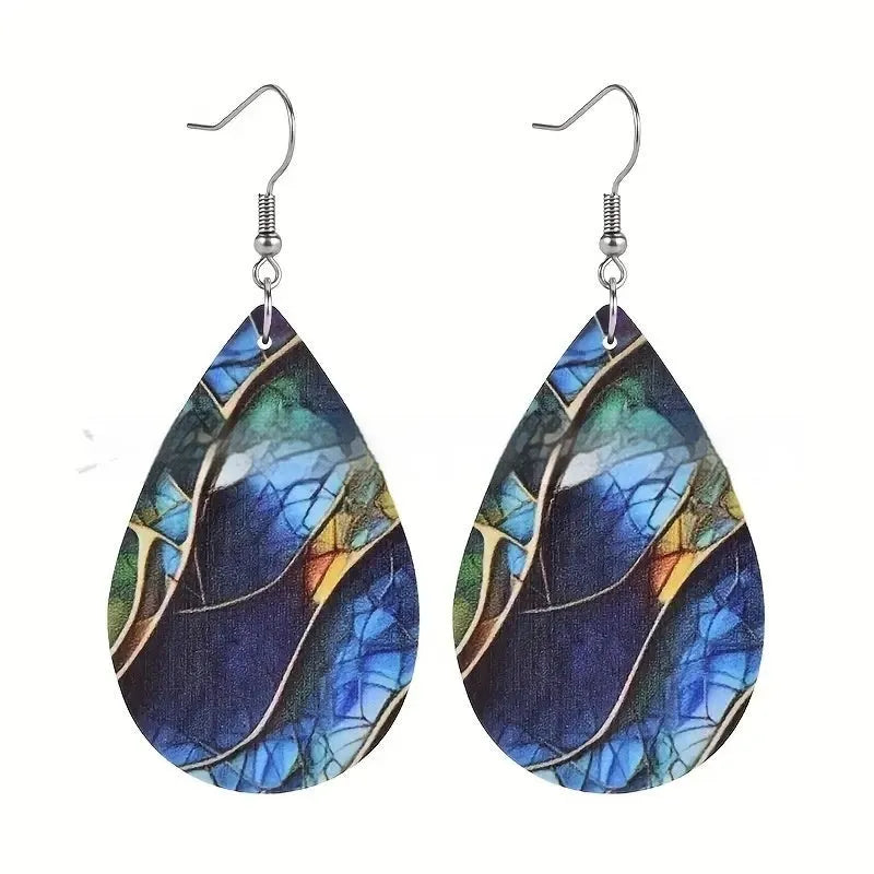 Acrylic drop earrings with intricate flat branch knot pattern design in two style variations