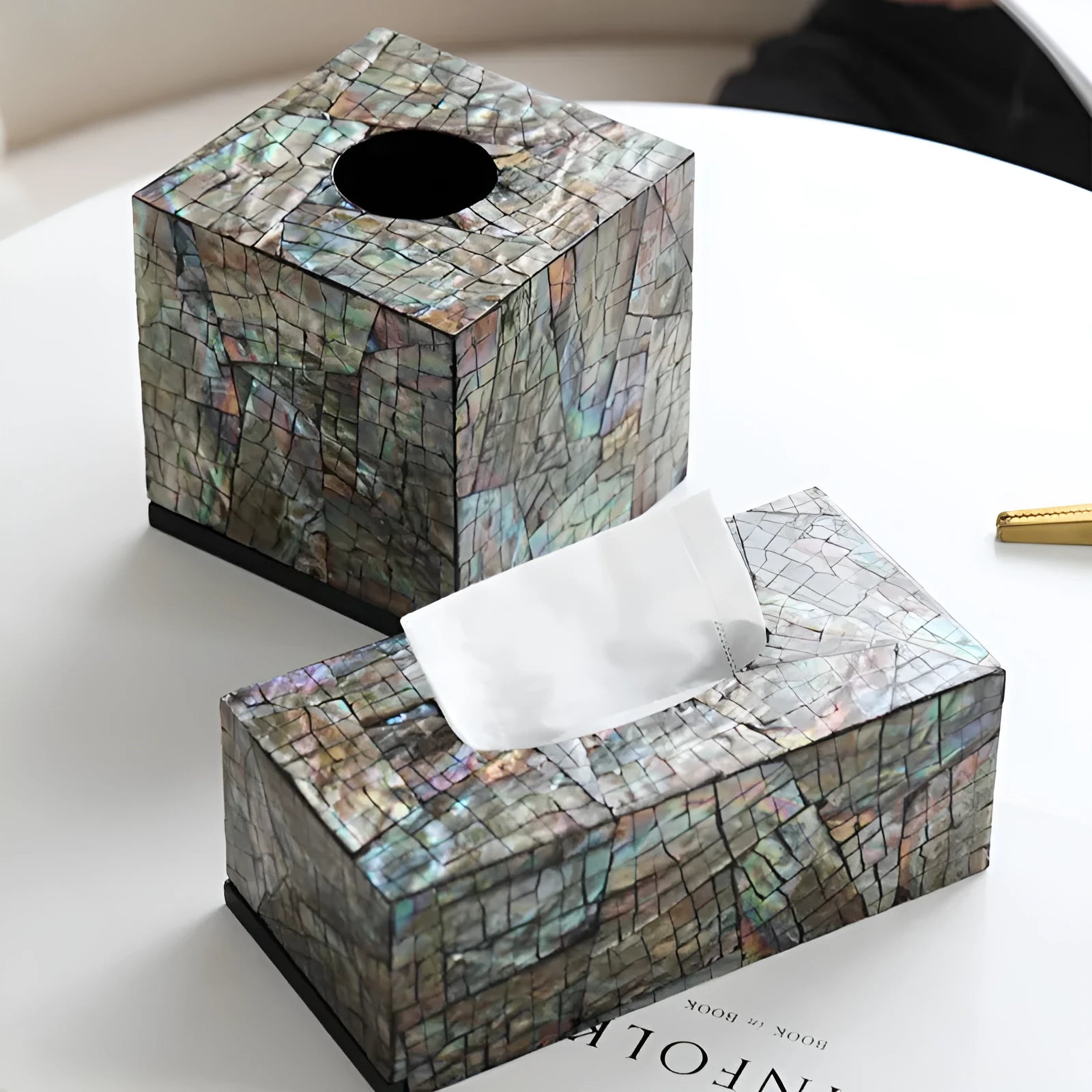 Black natural shell tissue box storage organiser with removable compartment on a coffee table.
